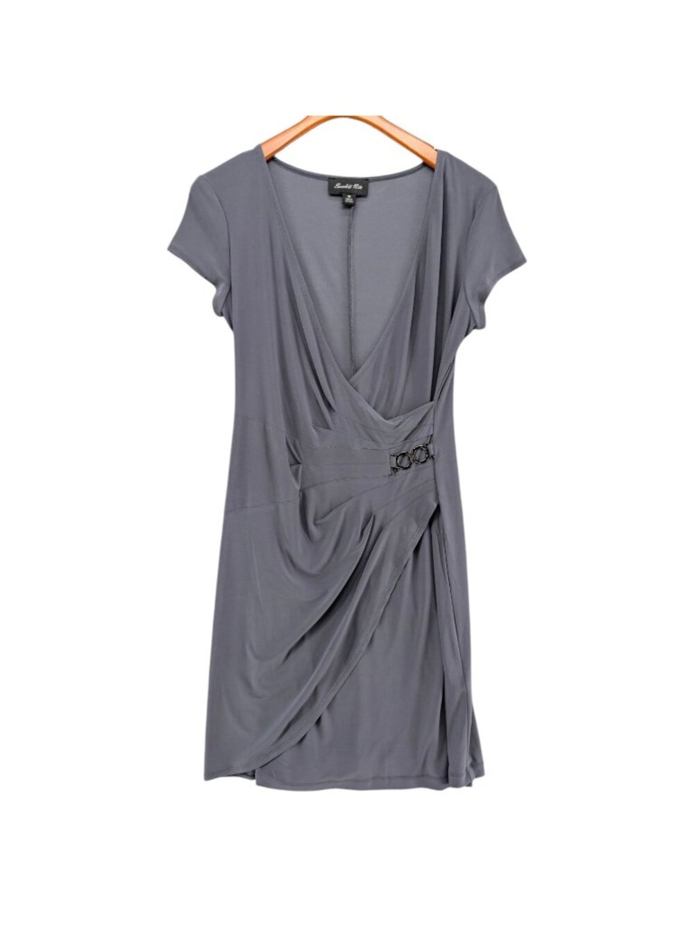 Scarlette Nite Faux Wrap Sheath Dress Grey Short Sleeve Ruched Pleated Size 10